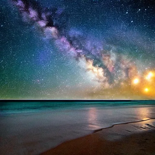 Image similar to planet on milky way as beach, water is galaxy