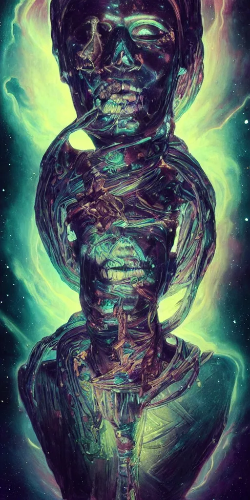 Image similar to intense glowing egyptian mummy god with ancient bandages and intense black eyes with a skull in very dark cosmic nebula by artgerm and beksinski and alphonse mucha, portrait, centered, symmetrical, clear, light beams, lens flare, intense, pharoah, uhd, amazing depth, cinematic lighting, black and purple and shining gold