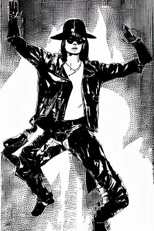 Image similar to michael jackson dancing, a page from cyberpunk 2 0 2 0, style of paolo parente, style of mike jackson, adam smasher, johnny silverhand, 1 9 9 0 s comic book style, white background, ink drawing, black and white