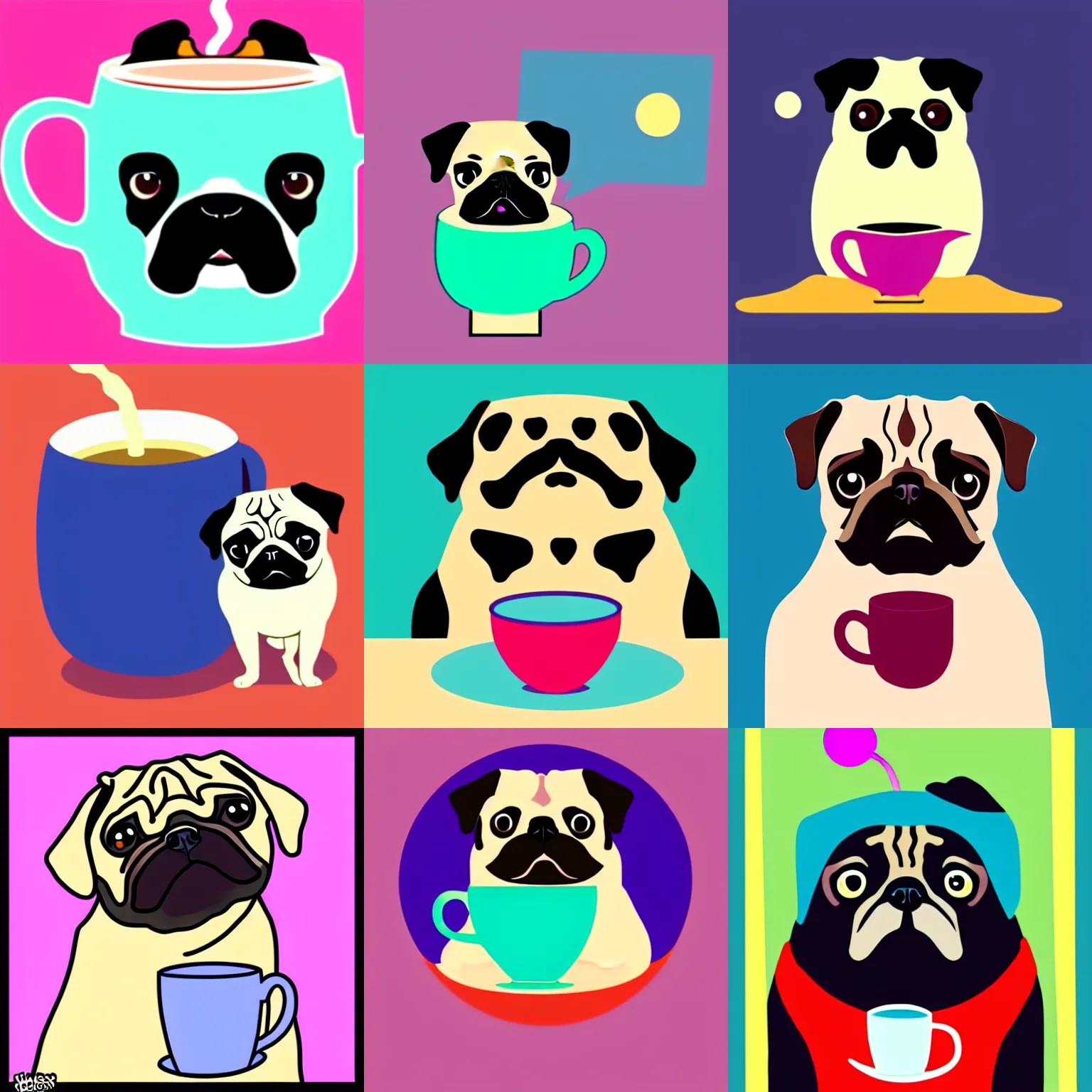 Prompt: pug, drinking tea, kurzgesagt art style