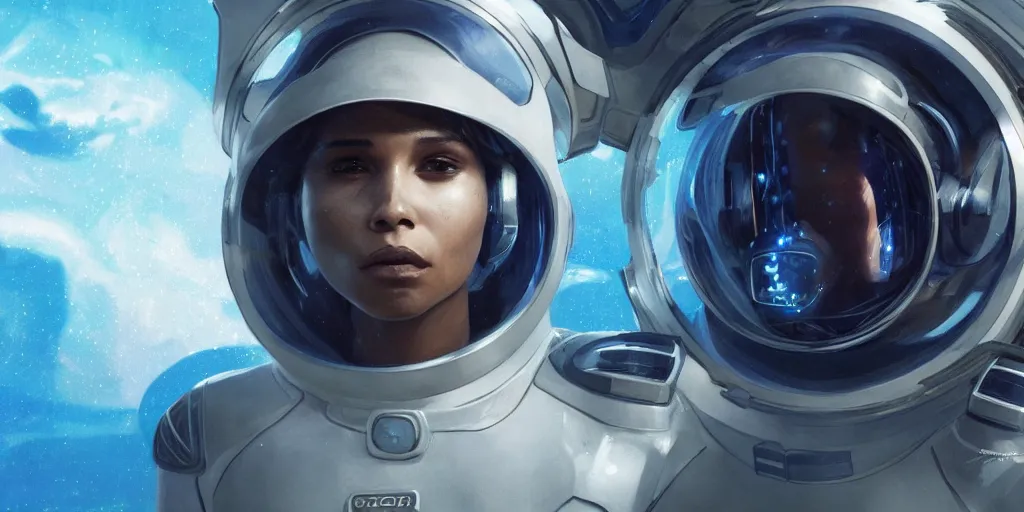 Image similar to Zoe Kravitz with short hair as a futuristic astronaut, helmet with led lights, underwater in the ocean at night, clear water, volumetric lighting, glowing lights, 4k, octane, digital painting, artstation, concept art, sharp focus, illustration, art by artgerm and greg rutkowski and alphonse mucha , wide angle view,