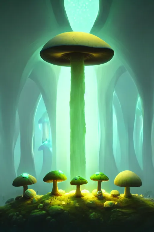 Prompt: Bioluminescent the mushroom city concept, soft light, soft mood, realistic body features and face, illustration, painting oil on canvas by Elena Zhurikhina and Goro Fujita and Charlie Bowater and Victor Mosquera, octane render trending on artstation, 4k, 8k, HD