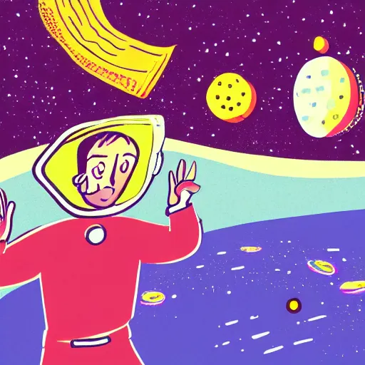 Prompt: an illustration of a man playing disc golf in space
