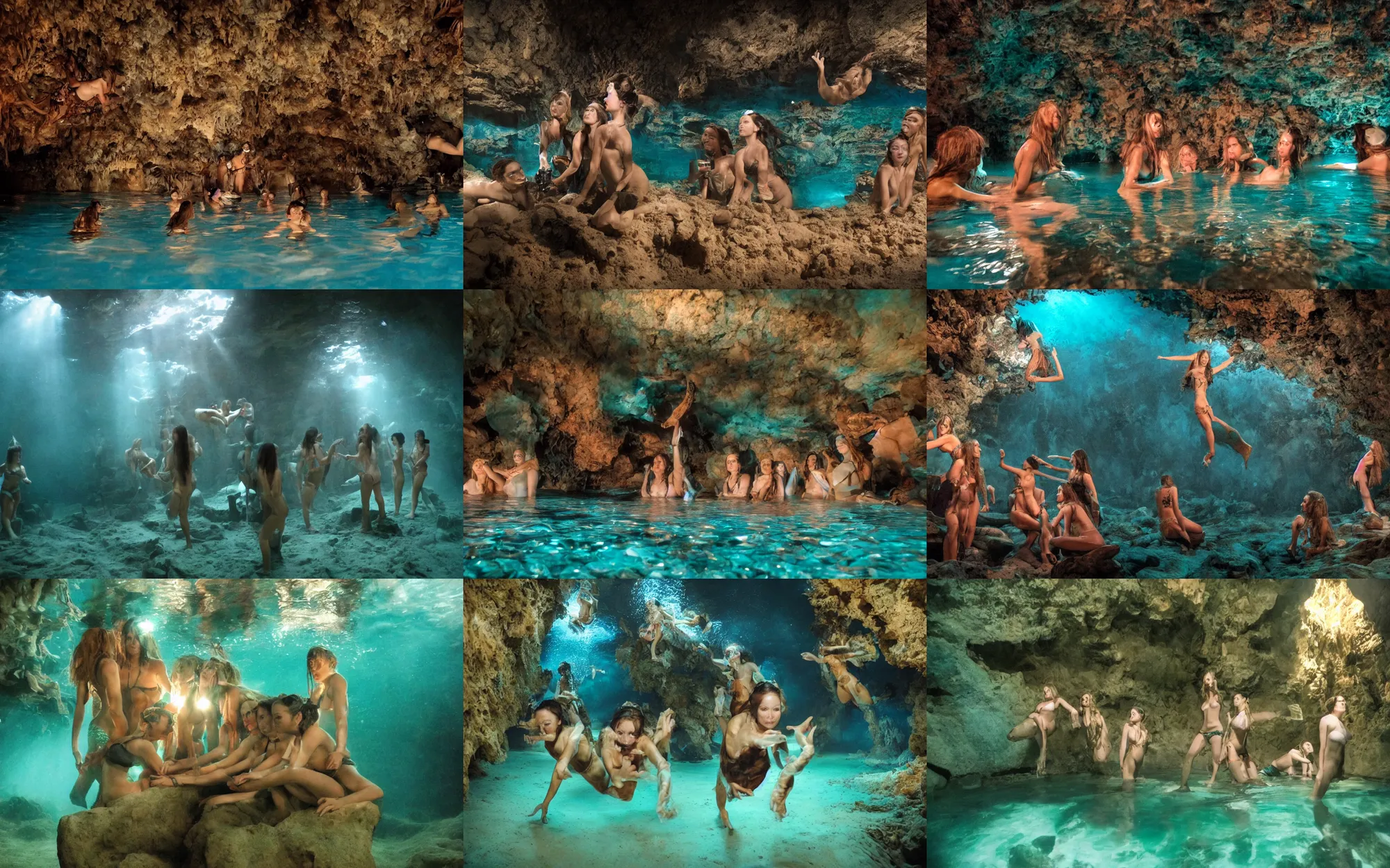 Prompt: movie still zoom in of cave diving mermaids drinking at an old western saloon in the sand, rack focus, close establishing shot, gloomy, underwater, dark teal lighting, soft dramatic lighting, 4 k digital camera