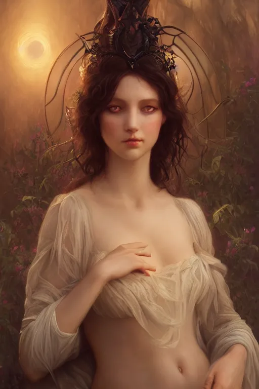 Image similar to a portrait of elegant beautiful dark nymph, queen of the dark fairies, bored, illustration, dramatic lighting, soft details, painting oil on canvas, art nouveau, octane render, HDR, 4k, 8k, HD, by Edmund Blair Leighton, Brom, Charlie Bowater, trending on artstation, faces by Otto Schmit