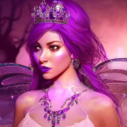 Image similar to portrait princess of amethyst, glowing, ornate and intricate purple jewelry, jaw dropping beauty, glowing background lighting, purple accent lighting, hyper detailed, fairy tale, 4 k octane render