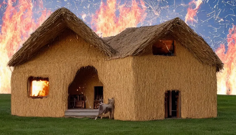 Prompt: a Barndominiums house made of straw with a meteorite falling from the sky, fire in the background 4k photography award winning,