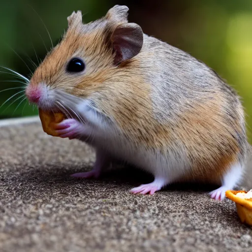 Image similar to detailed photo of a hamster eating fries, outdoors, various poses, full body, unedited, daylight, dof 8 k