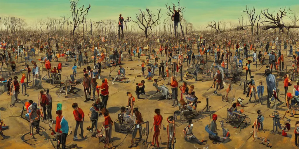 Image similar to painting by max earnst, disease decimating a global population