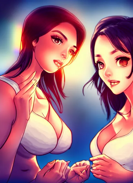 Image similar to two beautiful housewives in the living room on a hot summer evening, gorgeous faces, thick lines, cinematic lighting, detailed anime art