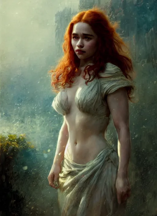 Prompt: mischievous redhead emilia clarke, staring happy and seductivelly, fully clothed, detailed, by gaston bussiere, bayard wu, greg rutkowski, giger, maxim verehin, greg rutkowski, masterpiece, sharp focus, cinematic lightning