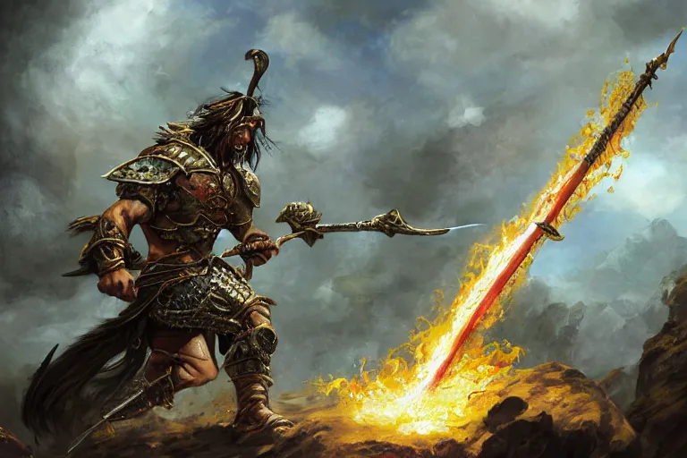 Prompt: Fresco painting featuring Conan the Barbarian in golden armor and wielding a flaming sword in battle against a green dragon breathing plasma, inspired by Warhammer 40k, ultra-detailed digital art, highly detailed, digital painting, artstation, concept art, smooth, surrounded by a grimdark fantasy background, sharp focus, illustration, art, masterpiece by greg rutkowski and fredrick runtu