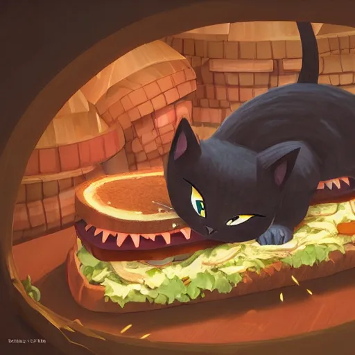 Image similar to scared cat attacked by the giant carnivorous sandwich, artstation hq, dark phantasy, stylized, symmetry, modeled lighting, detailed, expressive, created by hayao miyazaki