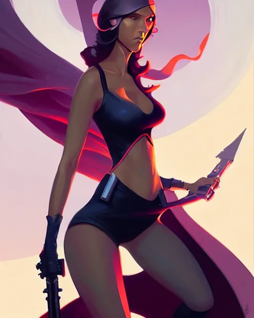 Prompt: peter mohrbacher, phil noto comicbook cover art, jessica alba as cyblade