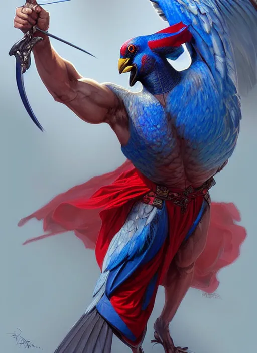 Image similar to portrait of aggressive pigeon humanoid, d & d, muscular! blue and red, fantasy, intricate, elegant, highly detailed, digital painting, artstation, concept art, smooth, sharp focus, illustration, art by artgerm and greg rutkowski and alphonse mucha