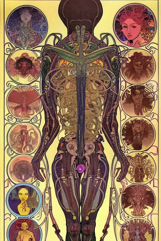 Image similar to extremely psychedelic anatomically accurate diagram of alien species, full body, intricate parts, fine details, hyper realistic, elegant minimalism, by seichen, alphonse mucha, surreal