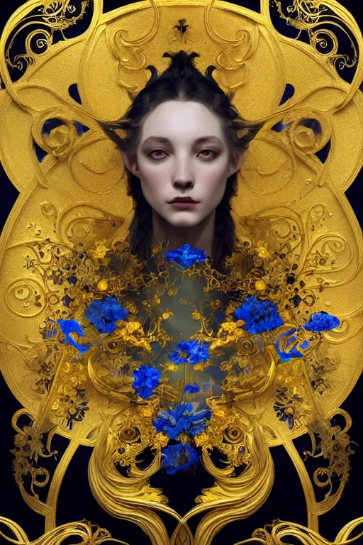 Prompt: beautiful black blue yellow, complicated gold and blue flowers the baroque style decoration, dark fantasy, intricate, elegant, highly detailed, digital painting, artstation, concept art, matte, 3 d 8 k octane rendered, sharp focus, illustration, octane rendered, art by artgerm and alphonse mucha, leesha hannigan