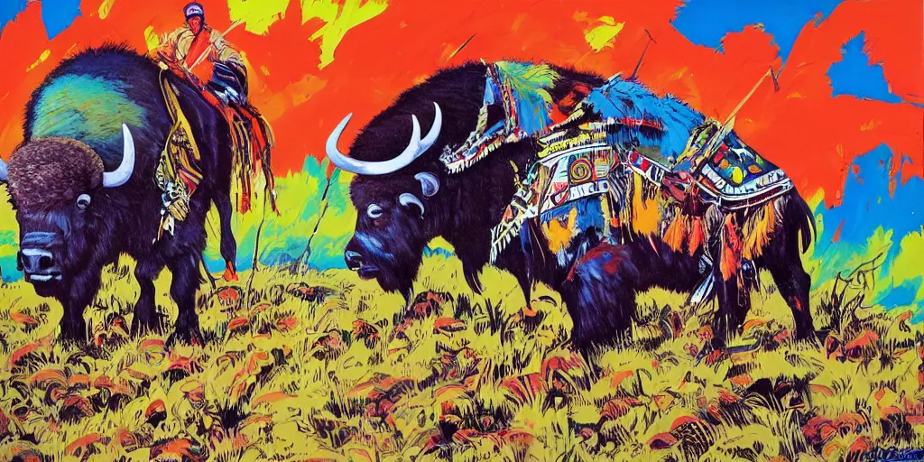 Prompt: of Native American hunting a buffalo Jim Mahfood and Peter max