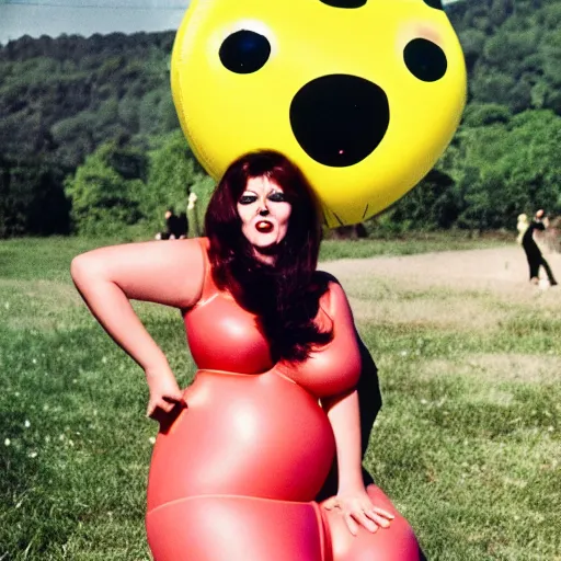 Prompt: 1976 glamorous thicc woman wearing an inflatable smiley head, wearing a dress, in a small village full of inflatable animals, 1976 French film archival footage technicolor film expired film 16mm Fellini new wave John Waters Russ Meyer movie still