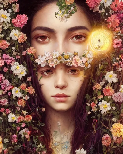 Image similar to portrait of a middle eastern girl, surrounded by flowers by karol bak, james jean, tom bagshaw, rococo, sharp focus, trending on artstation, cinematic lighting, hyper realism, octane render, 8 k, hyper detailed.