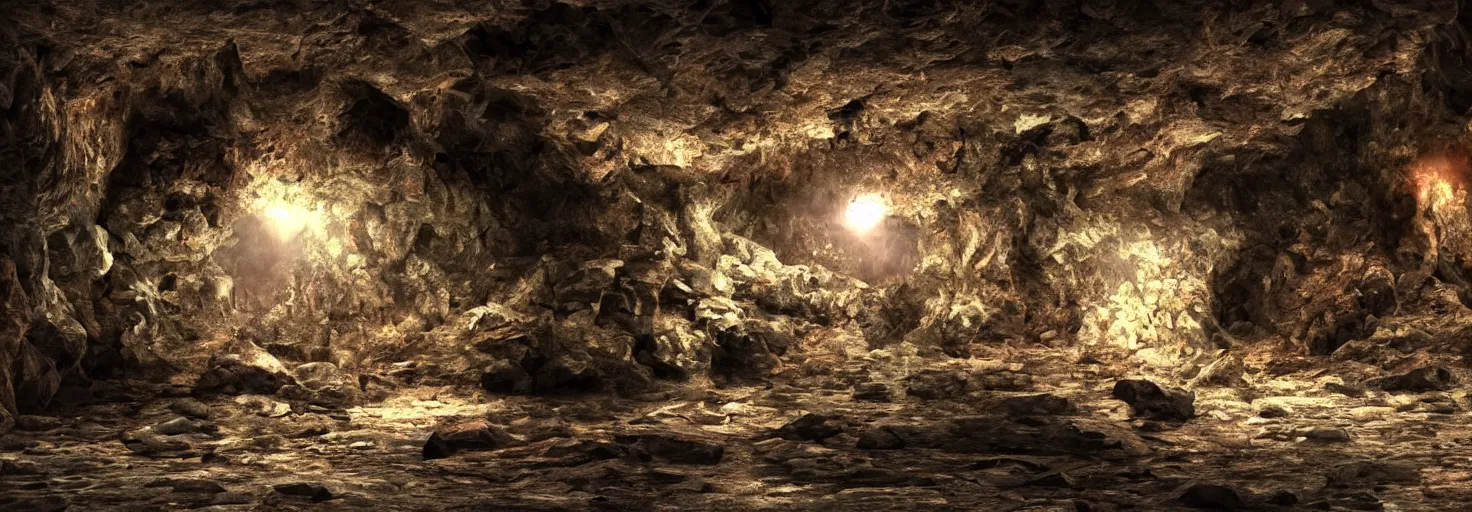 Image similar to Deep dark cave with magical crystals, hyperrealism, no blur, 4k resolution, ultra detailed-i