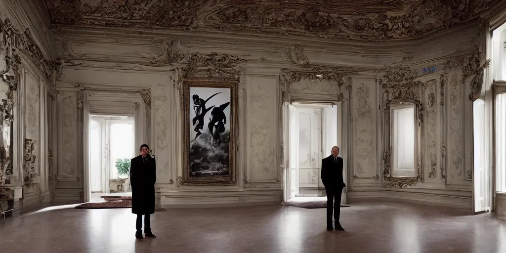 Image similar to Batman standing in giant Italian modern castle living room, clean minimalist design, that is 1300 feet tall, with very tall giant walls filled with modern art paintings, doors that are cosmic portals, photo by Annie Leibovitz