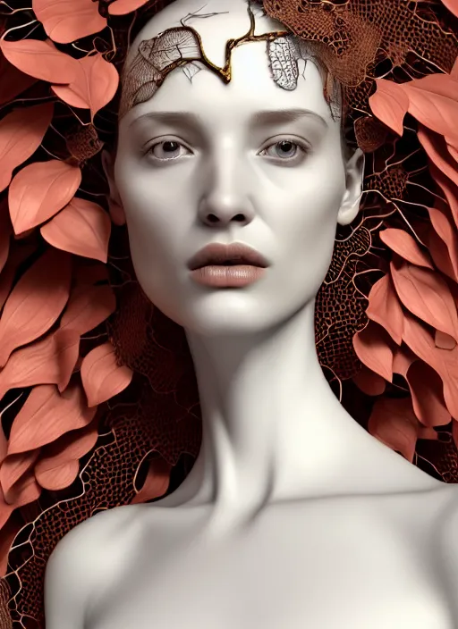 Prompt: complex 3d render ultra detailed of a beautiful porcelain profile woman face, mechanical vegetal cyborg, 150 mm, beautiful natural soft light, rim light, Alexander Mcqueen haute couture, silver gold details, surreal portrait, magnolia big leaves and stems, roots, fine foliage lace, mesh wire, intricate details, hyperrealistic, mandelbrot fractal, anatomical, red lips, silver metal armor, facial muscles, cable wires, microchip, elegant, white background, octane render, H.R. Giger style, 8k