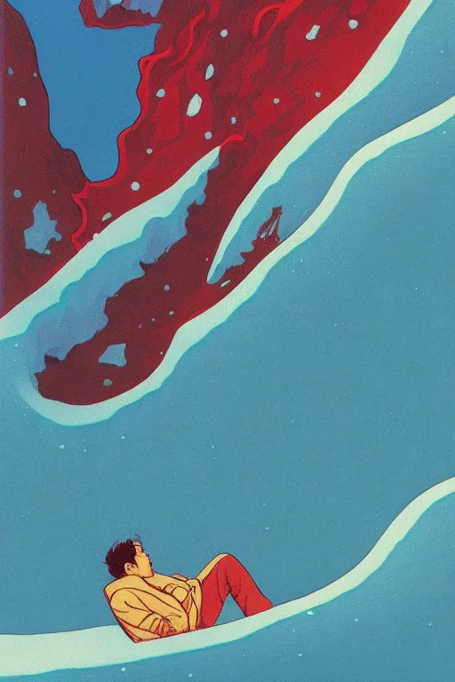 Prompt: a closeup portrait of a young siberian man dreaming psychedelic hallucinations in the vast icy landscape of antarctica, volcano lava drips in anti - gravity by kawase hasui, moebius and edward hopper, colorful flat surreal design, hd, 8 k, artstation