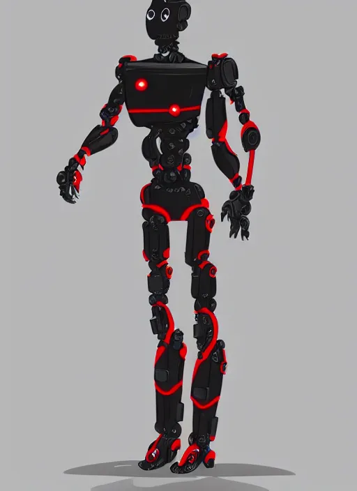 Prompt: a robot wearing a black grey and red outfit, full body shot, highly detailed, digital painting, artstation, concept art, smooth, sharp focus, illustration, cartoon