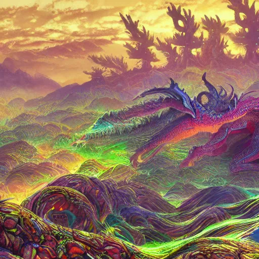 Prompt: concept art painting of a psychedelic dragon landscape made of thousands of dragons, realistic, detailed, cel shaded, in the style of makoto shinkai and greg rutkowski and james gurney