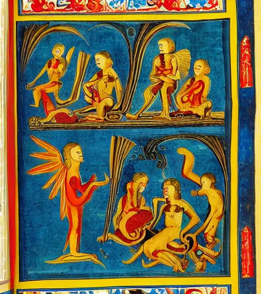 Image similar to illustrated page from codex seraphinus, surrealist illuminated manuscript