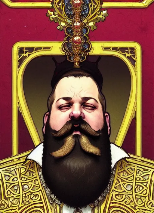 Image similar to close up portrait of the burger king, heavyset middle aged king with big bushy beard, ornate noble robs with jeweled crown by artgerm, cushart krenz, greg rutkowski, mucha. art nouveau. gloomhaven, golden arches logo, pale colors, sharp edges. ultra clear detailed. 8 k. elegant, intricate, octane render