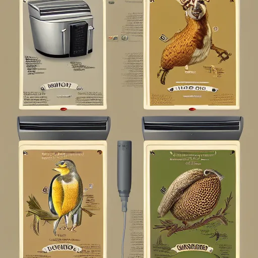 Image similar to an illustrated field guide to different electric toasters showing examples of males and females of each species, biological illustrations, art by john james audubon robert stebbins and terryl whitlatch and david sibley and charles darwin, highly detailed, intricately detailed, 8 k, trending on artstation