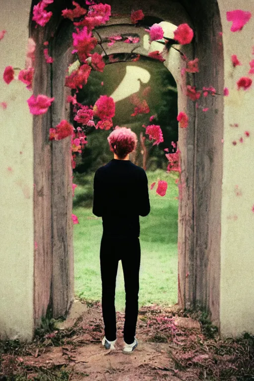 Prompt: kodak portra 4 0 0 photograph of a skinny guy looking into a otherworldly portal, flower crown, back view, vaporwave colors, grain, moody lighting, moody aesthetic