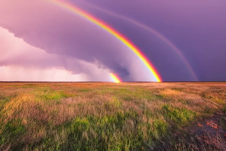 Prompt: a photo of a supercell thunderstorm, rainbow hue, illuminated from various angles by the setting sun, cinematic, mystic hue clouds, breathtaking clouds