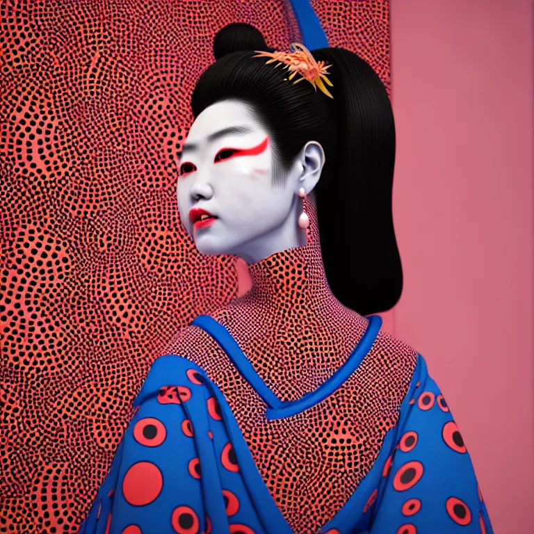 Image similar to hyperrealistic detailed image of a geisha in a art installation room, hd smooth interior by yayoi kusama, part by kei mieno, part by ross tran, dark art by james jean, ultra realistic, highly detailed, life like face, detailed body, 8 k, 3 d render by roger magrini, masterpiece