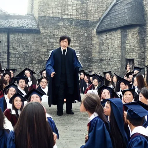 Image similar to Jackie Chan as Dumbledore giving a speech to the students