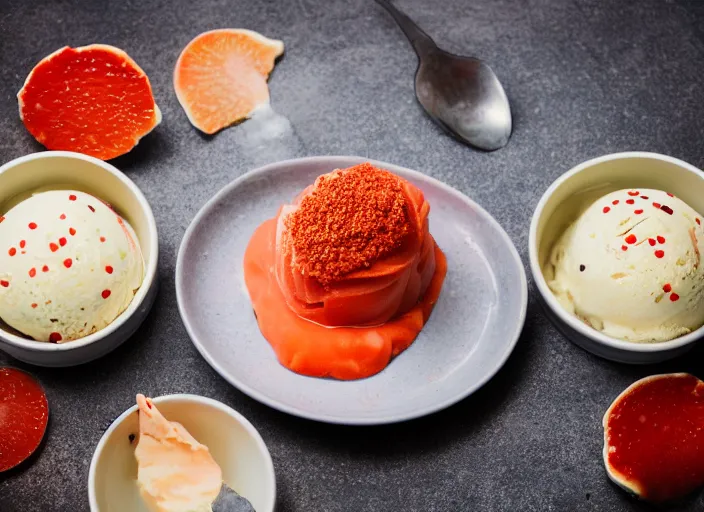 Prompt: dslr food photograph of salmon roe ice cream sundae, 8 5 mm f 1. 8