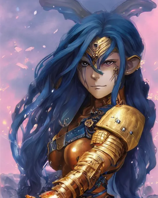 Image similar to An anime portrait of a beautiful D&D half-orc female with long wavy dark blue hair, bright orange eyes, intricate full body armour, fantasy soldier, by Stanley Artgerm Lau, WLOP, Rossdraws, James Jean, Andrei Riabovitchev, Marc Simonetti, and Sakimichan, highly detailed, ultra detailed, golden hour, trending on artstation, cgstudio