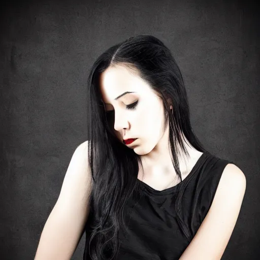 Image similar to portrait of beautiful black haired female angel, shameful, sad, dark