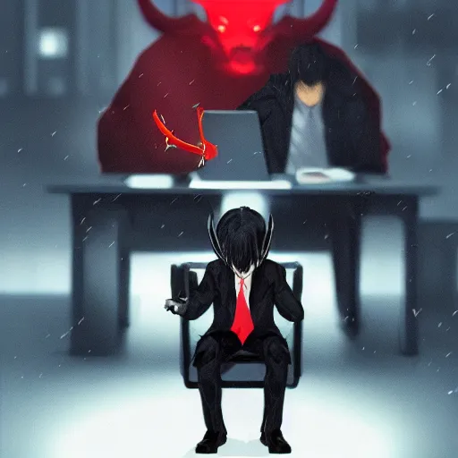 Image similar to dark lord sitting at desk large horns and suit, medium shot, portrait, semi realistic anime, red demon cyberpunk symbols