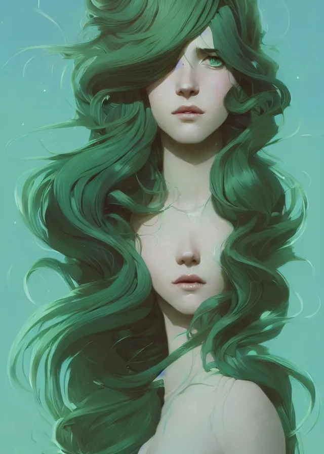 Image similar to beautiful artistic - wave highly detailed portrait female, front facing, long green hair, by atey ghailan, by greg rutkowski, by greg tocchini, by james gilleard, by joe fenton, by kaethe butcher, dynamic lighting, gradient light blue, brown, blonde cream and white color scheme, grunge aesthetic