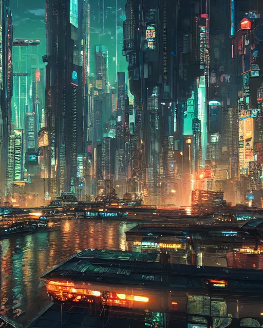 Image similar to cyberpunk city on a floating island at night by wlop, key visual, high detail, digital art