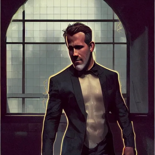 Image similar to ryan reynolds as a black and blue suit spider - man, cinematic, volumetric lighting, f 8 aperture, cinematic eastman 5 3 8 4 film, photorealistic by greg rutkowski, by stanley artgerm, by alphonse mucha