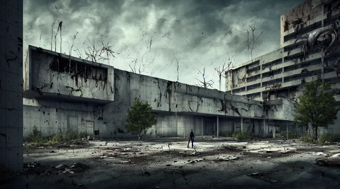 Image similar to post apocalyptic hospital building, featuring a big grey alien walking, morning, building, avenue, modern contemporary urban americana concrete architecture, by pascal blanche, neil blevins, apocalyptic color palette, trending on artstation, photorealistic, wilderness ambiance, ultra detailed, high definition, depth of field, bokeh, rubble, wild vegetation, blood stains, building crumbling