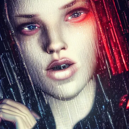 Image similar to stylish woman cartoon portrait made out of rain, leather jacket, cyberpunk background, rendered in octane, unreal engine, highly detailed, trending on artstation, realistic, neon, beautiful