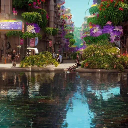 Image similar to a humongous civilization of naturists, cinematic, flowers, bridges, malls, shops, city, people, houses, wet reflections, unreal engine 5, octane, smooth, ray tracing, hyper detailed, hyper realism, fantasy, trending on artstation, behance, deviantart