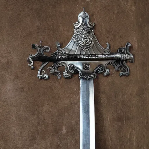 Prompt: sword of justice hanging on a wall, ornate gem in pommel, engraved blade