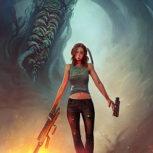 Image similar to Full body portrait of a beautiful young woman wearing a tank top and jeans shooting a Lovecraftian monster with a shotgun, horror, digital painting, detailed, artstation, Greg Rutkowski, Artgerm, Alphonse Mucha