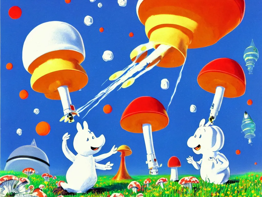 Image similar to moomins in space suits flying around with jetpacks discovering the mushroom planet, photorealistic painting, cgi